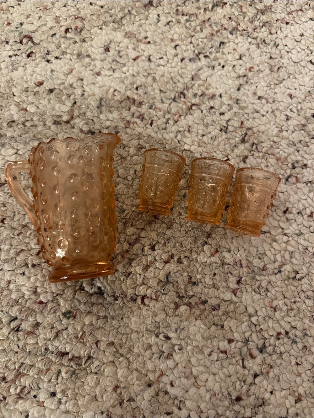 Vintage Pink Depression Style Glass 3” Pitcher W 3-2” Glasses